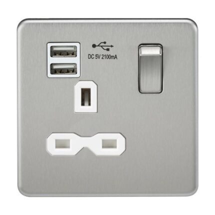 Knightsbridge Screwless 13A 1G switched socket with dual USB charger (2.1A) – brushed chrome with white insert SFR9901BCW - West Midland Electrics | CCTV & Electrical Wholesaler 5