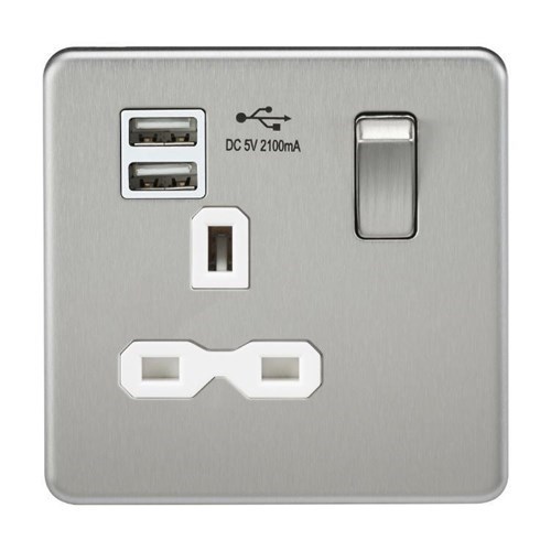 Knightsbridge Screwless 13A 1G switched socket with dual USB charger (2.1A) – brushed chrome with white insert SFR9901BCW - West Midland Electrics | CCTV & Electrical Wholesaler 3