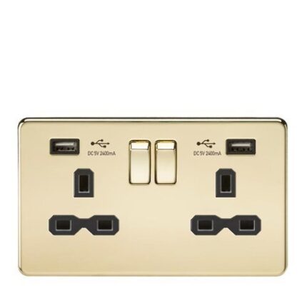 Knightsbridge 13A 2G Switched Socket with Dual USB Charger (2.4A) – Polished Brass with Black Insert SFR9224PB - West Midland Electrics | CCTV & Electrical Wholesaler 5