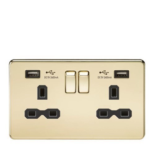 Knightsbridge 13A 2G Switched Socket with Dual USB Charger (2.4A) – Polished Brass with Black Insert SFR9224PB - West Midland Electrics | CCTV & Electrical Wholesaler 3