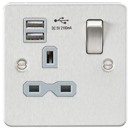 Knightsbridge Flat plate 13A 1G switched socket with dual USB charger (2.1A) – brushed chrome with grey insert FPR9901BCG - West Midland Electrics | CCTV & Electrical Wholesaler 5