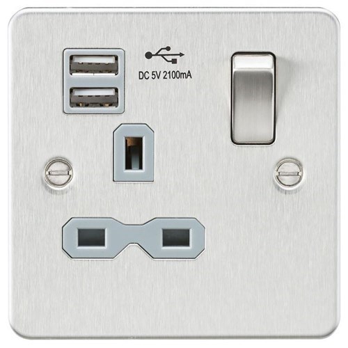 Knightsbridge Flat plate 13A 1G switched socket with dual USB charger (2.1A) – brushed chrome with grey insert FPR9901BCG - West Midland Electrics | CCTV & Electrical Wholesaler 3