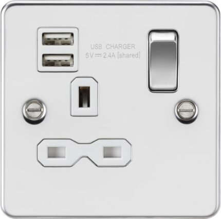 Knightsbridge Flat plate 13A 1G switched socket with dual USB charger (2.4A) – polished chrome with white insert FPR9124PCW - West Midland Electrics | CCTV & Electrical Wholesaler