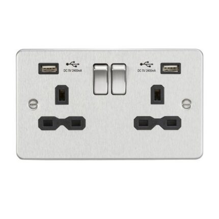 Knightsbridge Flat plate 13A 2G switched socket with dual USB charger (2.4A) – brushed chrome with black insert FPR9224BC - West Midland Electrics | CCTV & Electrical Wholesaler 5
