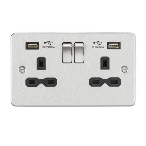 Knightsbridge Flat plate 13A 2G switched socket with dual USB charger (2.4A) – brushed chrome with black insert FPR9224BC - West Midland Electrics | CCTV & Electrical Wholesaler 3