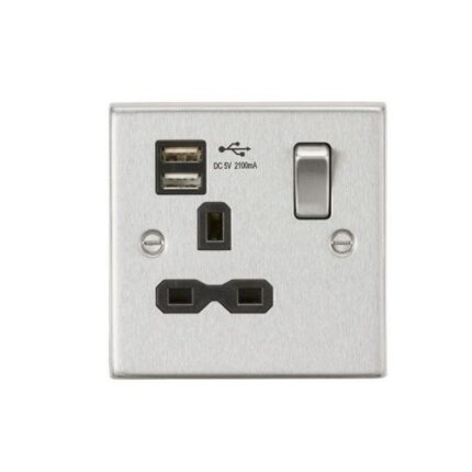 Knightsbridge 13A 1G Switched Socket Dual USB Charger (2.1A) with Black Insert – Square Edge Brushed Chrome CS91BC - West Midland Electrics | CCTV & Electrical Wholesaler