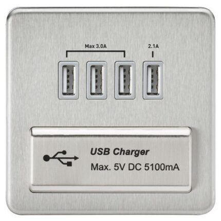 Knightsbridge Screwless Quad USB Charger Outlet (5.1A) – Brushed Chrome with Grey Insert SFQUADBCG - West Midland Electrics | CCTV & Electrical Wholesaler