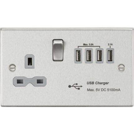 Knightsbridge 13A switched socket with quad USB charger (5.1A) – brushed chrome with grey insert CS7USB4BCG - West Midland Electrics | CCTV & Electrical Wholesaler