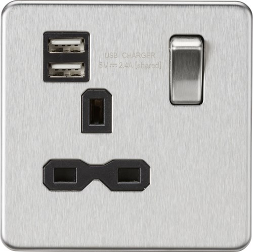 Knightsbridge Screwless 13A 1G switched socket with dual USB charger (2.4A) – brushed chrome with black insert SFR9124BC - West Midland Electrics | CCTV & Electrical Wholesaler