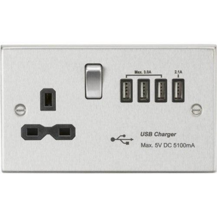 Knightsbridge 13A switched socket with quad USB charger (5.1A) – brushed chrome with black insert CS7USB4BC - West Midland Electrics | CCTV & Electrical Wholesaler