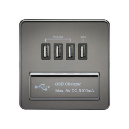 Knightsbridge Screwless Quad USB Charger Outlet (5.1A) – Black Nickel with Black Insert SFQUADBN - West Midland Electrics | CCTV & Electrical Wholesaler 5