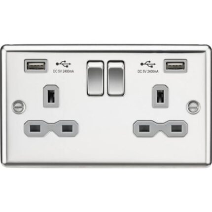 Knightsbridge 13A 2G switched socket with dual USB charger A + A (2.4A) – Polished chrome with grey insert CL9224PCG - West Midland Electrics | CCTV & Electrical Wholesaler 5