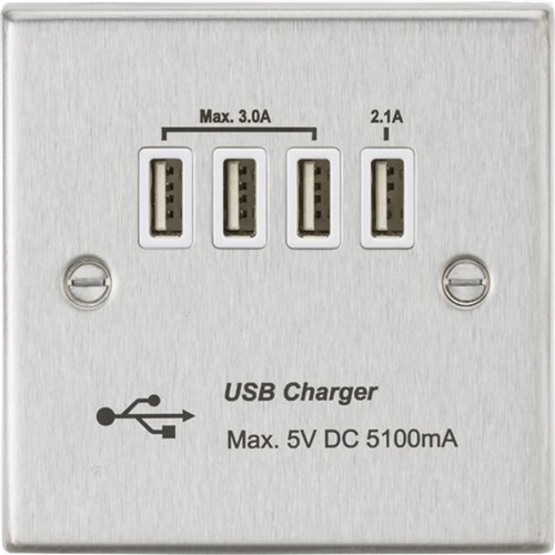 Knightsbridge Quad USB Charger Outlet (5.1A) – Brushed Chrome with White Insert CSQUADBCW - West Midland Electrics | CCTV & Electrical Wholesaler