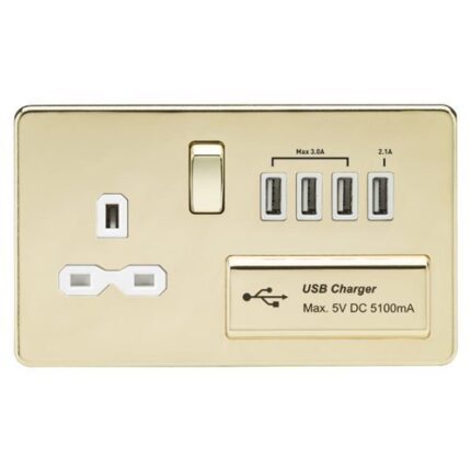 Knightsbridge Screwless 13A switched socket with quad USB charger (5.1A) – polished brass with white insert SFR7USB4PBW - West Midland Electrics | CCTV & Electrical Wholesaler 5