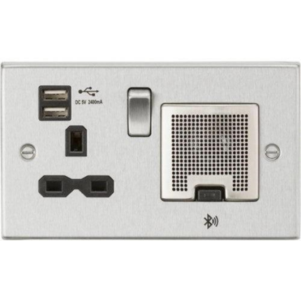 Knightsbridge 13A Socket, USB chargers (2.4A), & Bluetooth Speaker – Square Edge Brushed Chrome with black insert CS9905BC - West Midland Electrics | CCTV & Electrical Wholesaler