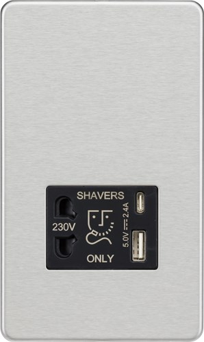 Knightsbridge Shaver socket with dual USB A+C (5V DC 2.4A shared) – brushed chrome with black insert SF8909BC - West Midland Electrics | CCTV & Electrical Wholesaler