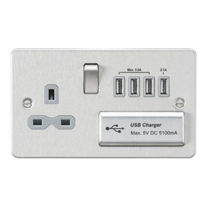 Knightsbridge Flat plate 13A switched socket with quad USB charger – brushed chrome with grey insert FPR7USB4BCG - West Midland Electrics | CCTV & Electrical Wholesaler 5