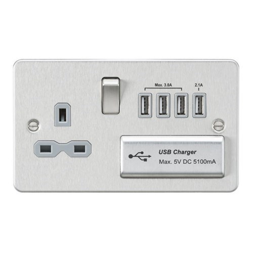 Knightsbridge Flat plate 13A switched socket with quad USB charger – brushed chrome with grey insert FPR7USB4BCG - West Midland Electrics | CCTV & Electrical Wholesaler 3