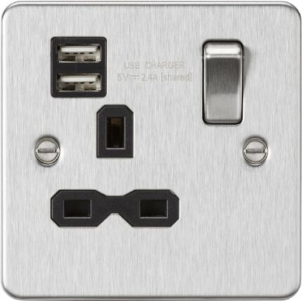 Knightsbridge Flat plate 13A 1G switched socket with dual USB charger (2.4A) – brushed chrome with black insert FPR9124BC - West Midland Electrics | CCTV & Electrical Wholesaler 5
