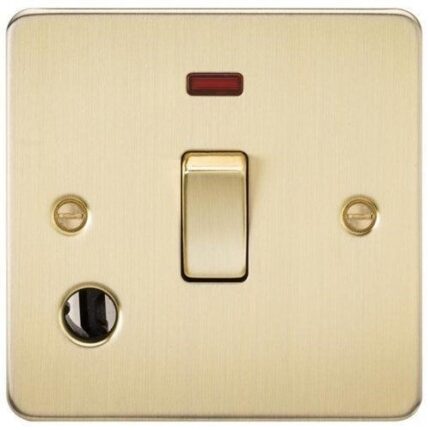 Knightsbridge Flat Plate 20A 1G DP switch with neon & flex outlet – brushed brass FP8341FBB - West Midland Electrics | CCTV & Electrical Wholesaler