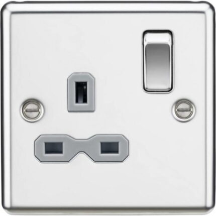 Knightsbridge 13A 1G DP Switched Socket with Grey Insert – Rounded Edge Polished Chrome CL7PCG - West Midland Electrics | CCTV & Electrical Wholesaler