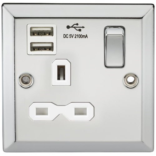 Knightsbridge 13A 1G Switched Socket Dual USB Charger Slots with White Insert – Bevelled Edge Polished Chrome CV91PCW - West Midland Electrics | CCTV & Electrical Wholesaler 3