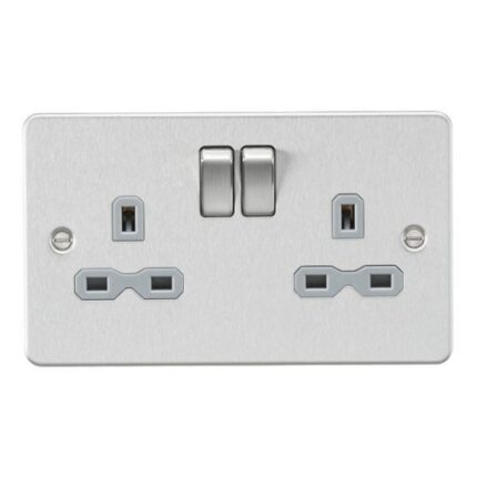Knightsbridge Flat plate 13A 2G DP switched socket – brushed chrome with grey insert FPR9000BCG - West Midland Electrics | CCTV & Electrical Wholesaler