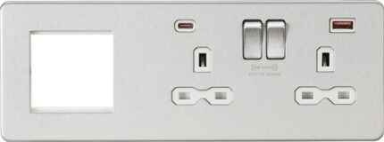 Knightsbridge Screwless 13A 2G DP Socket with USB Fastcharge + 2G Modular Combination Plate – Brushed Chrome SFR992RBCW - West Midland Electrics | CCTV & Electrical Wholesaler