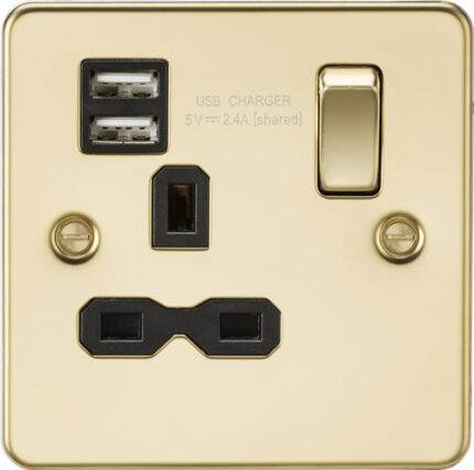 Knightsbridge Flat plate 13A 1G switched socket with dual USB charger (2.4A) – polished brass with black insert FPR9124PB - West Midland Electrics | CCTV & Electrical Wholesaler