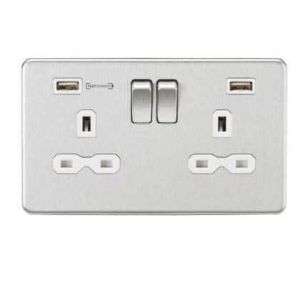 Knightsbridge 13A 2G DP Switched Socket with Dual USB Charger (Type-A FASTCHARGE port) – Brushed Chrome/White SFR9906BCW - West Midland Electrics | CCTV & Electrical Wholesaler 5