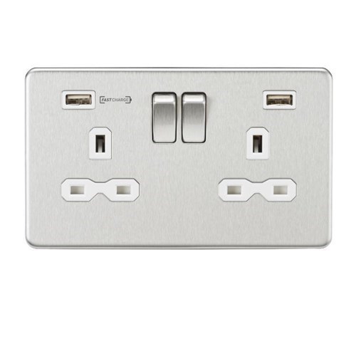 Knightsbridge 13A 2G DP Switched Socket with Dual USB Charger (Type-A FASTCHARGE port) – Brushed Chrome/White SFR9906BCW - West Midland Electrics | CCTV & Electrical Wholesaler 3