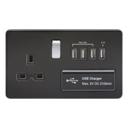 Knightsbridge Screwless 13A switched socket with quad USB charger (5.1A) – matt black with chrome rocker SFR7USB4MB - West Midland Electrics | CCTV & Electrical Wholesaler 5