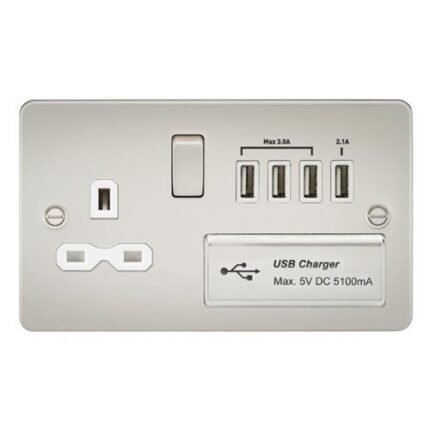 Knightsbridge Flat plate 13A switched socket with quad USB charger – pearl with white insert FPR7USB4PLW - West Midland Electrics | CCTV & Electrical Wholesaler