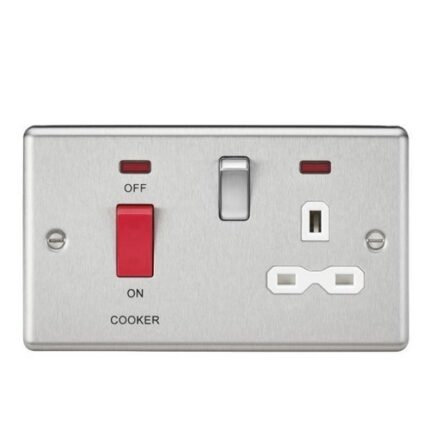Knightsbridge 45A DP Cooker Switch & 13A Switched Socket with Neons & White Insert – Rounded Edge Brushed Chrome - West Midland Electrics | CCTV & Electrical Wholesaler 5