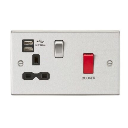 Knightsbridge 45A DP Switch & 13A Switched Socket with Dual USB Charger 2.4A – Brushed Chrome with black insert CS8333UBC - West Midland Electrics | CCTV & Electrical Wholesaler