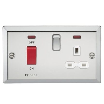 Knightsbridge 45A DP Cooker Switch & 13A Switched Socket with Neons & White Insert – Bevelled Edge Polished Chrome - West Midland Electrics | CCTV & Electrical Wholesaler 5