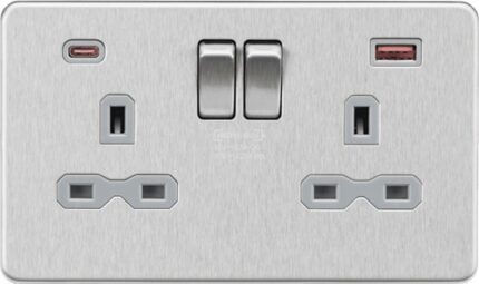Knightsbridge 13A 2G DP Switched Socket with Dual USB A+C [45W FASTCHARGE] – Brushed Chrome with grey insert SFR9945BCG - West Midland Electrics | CCTV & Electrical Wholesaler