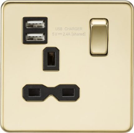 Knightsbridge Screwless 13A 1G switched socket with dual USB charger (2.4A) – polished brass with black insert SFR9124PB - West Midland Electrics | CCTV & Electrical Wholesaler