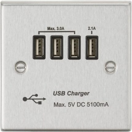 Knightsbridge Quad USB Charger Outlet (5.1A) – Brushed Chrome with Black Insert CSQUADBC - West Midland Electrics | CCTV & Electrical Wholesaler 3