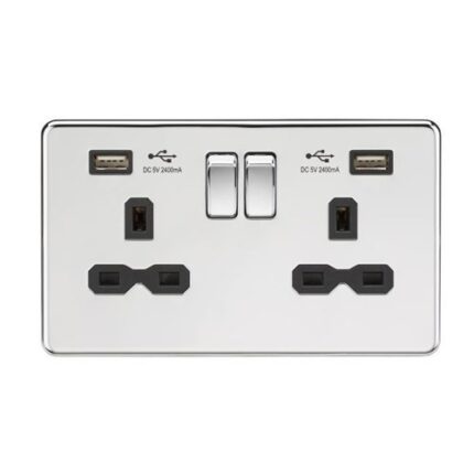 Knightsbridge 13A 2G Switched Socket with Dual USB Charger (2.4A) – Polished Chrome with Black Insert SFR9224PC - West Midland Electrics | CCTV & Electrical Wholesaler 5