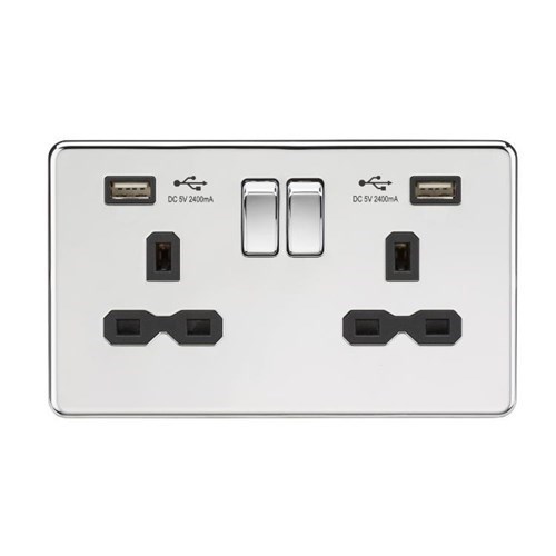 Knightsbridge 13A 2G Switched Socket with Dual USB Charger (2.4A) – Polished Chrome with Black Insert SFR9224PC - West Midland Electrics | CCTV & Electrical Wholesaler 3