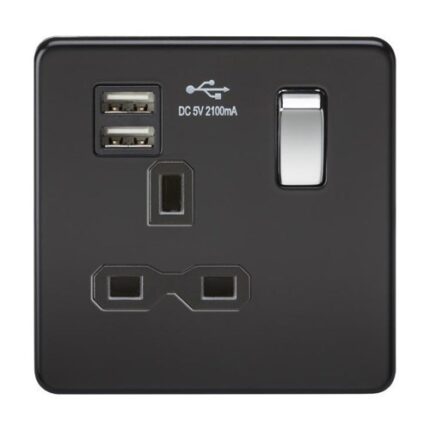 Knightsbridge Screwless 13A 1G switched socket with dual USB charger (2.1A) – matt black with chrome rocker SFR9901MB - West Midland Electrics | CCTV & Electrical Wholesaler 5