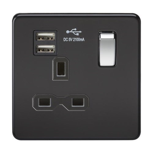 Knightsbridge Screwless 13A 1G switched socket with dual USB charger (2.1A) – matt black with chrome rocker SFR9901MB - West Midland Electrics | CCTV & Electrical Wholesaler 3