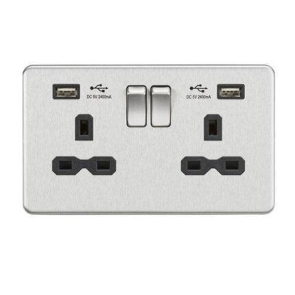 Knightsbridge 13A 2G Switched Socket with Dual USB Charger (2.4A) – Brushed Chrome with Black Insert SFR9224BC - West Midland Electrics | CCTV & Electrical Wholesaler